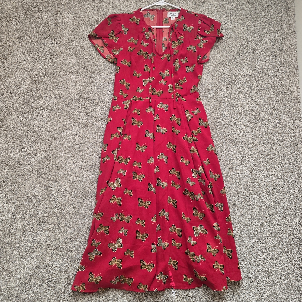 Unique Vintage Size 4 Midi Red Butterfly Print Zip Up Dress